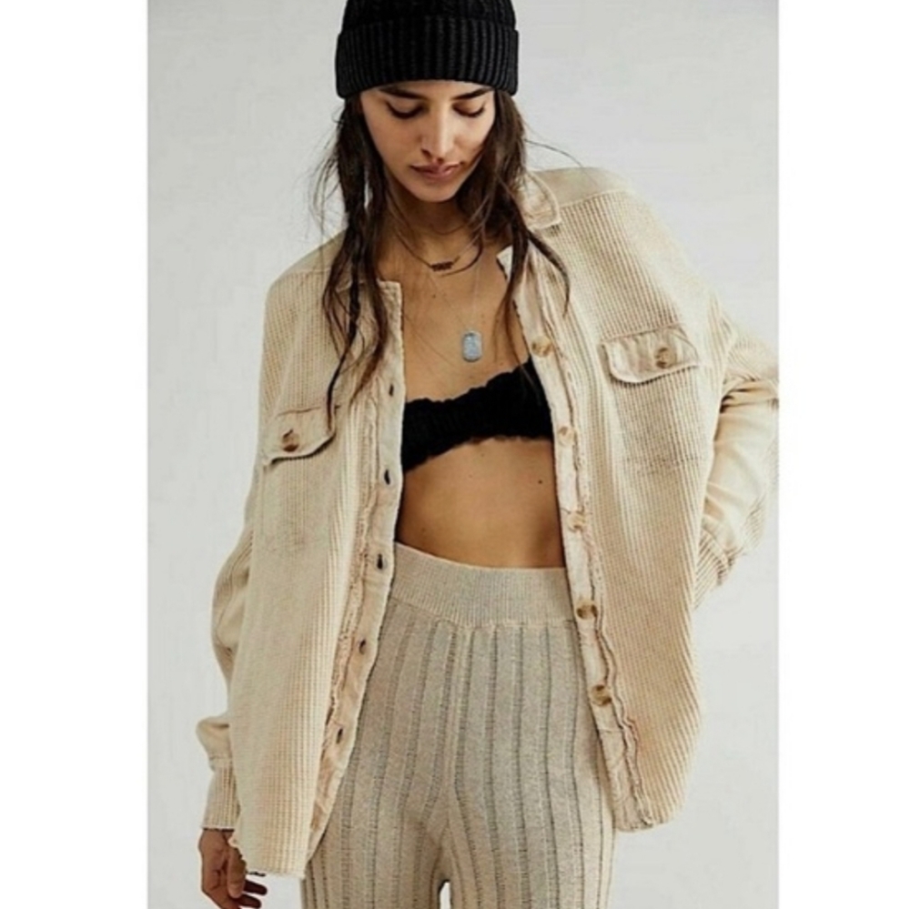 Free People One Scout Shirt Jacket Waffle Sand Beige